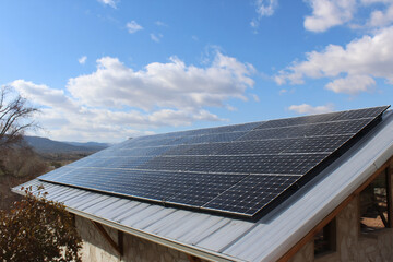 Fototapeta premium Solar panels installed on a roof in a sunny countryside location surrounded by mountains