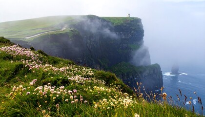 Misty cliffside landscape with wildflowers