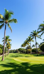 Fototapeta premium Lush green fairways bordered by vibrant palm trees under a clear blue sky, clubhouse, course layout