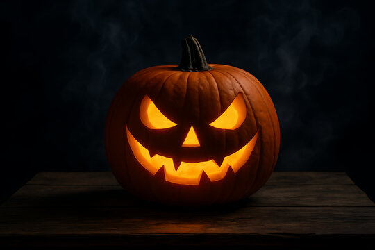 A terrifying halloween jack-o'-lantern pumpkin with an evil, sinister face carved and glowing bright orange on a dark rustic wooden table against a smoky black background
