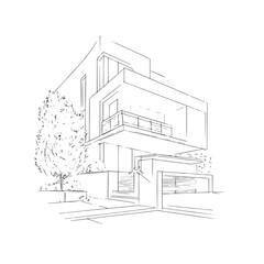 Elegant line art architectural sketch of a bungalow, featuring clean outlines and minimal design perfect for real estate, construction, or architectural concepts.