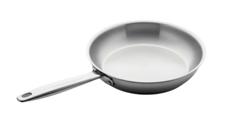 Stainless steel frying pan displays a sleek metallic finish and extended handle.