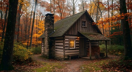 Cozy rustic cabin nestled among vibrant autumn forest trees in warm light