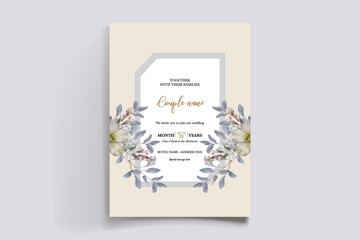 WEDDING INVITATION FRAME WITH FLOWER DECORATIONS AND FRESH LEAVES
