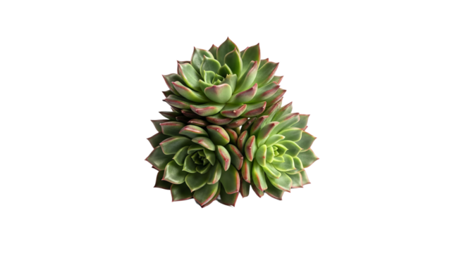 Succulent displays a stacked formation of its green rosette leaves with red edges.