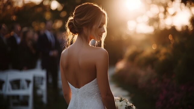 Bride in a white strapless lace gown bathed in golden hour sunlight during an outdoor wedding ceremony