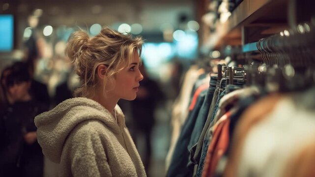 A woman in a cozy jacket stands examining clothes while the woman focuses intently. The woman explores the shopping space, with clothes surrounding the woman at every turn.