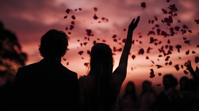 Silhouetted couple celebrating a wedding ceremony at sunset with guests showering them with red rose petals evoking a romantic and joyful atmosphere
