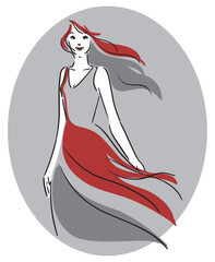 楕円グレー背景、ロングヘア、赤いドレスの女性