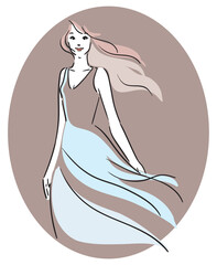 楕円くすみピンク背景、ロングヘア、ブルーのドレスの女性