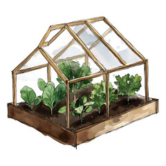 Watercolor Greenhouse with Growing Plants and Wooden Frame on watercolor illutrastion transparent background