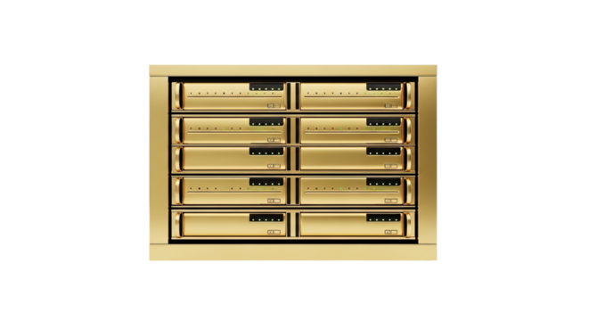 Ten golden computer servers are stacked inside a matching gold metal frame against a isolated background.