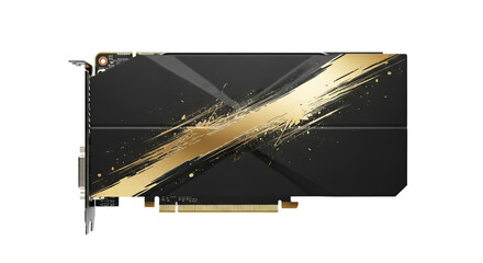 The graphics card displays a and gold stylized design with electronic connectors visible on the sides.