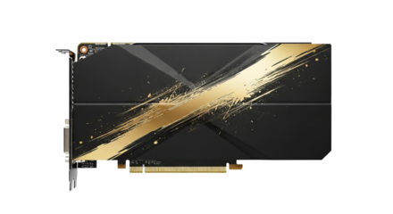 The graphics card displays a and gold stylized design with electronic connectors visible on the sides.