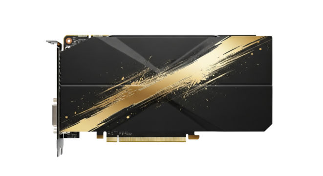 The graphics card displays a and gold stylized design with electronic connectors visible on the sides.