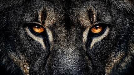 Intense gaze of a majestic lion with piercing amber eyes, a symbol of power and courage, captured in a striking closeup portrait