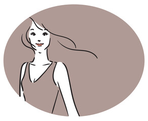 楕円くすみピンク背景、ロングヘア、ピンクのドレスの女性上半身