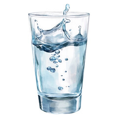 Watercolor illustration of a glass of water with a splash and watercolor illutrastion transparent background