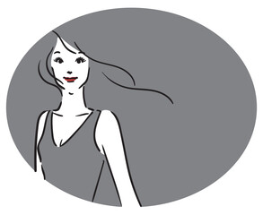 楕円グレー背景、ロングヘア、グレーのドレスの女性上半身