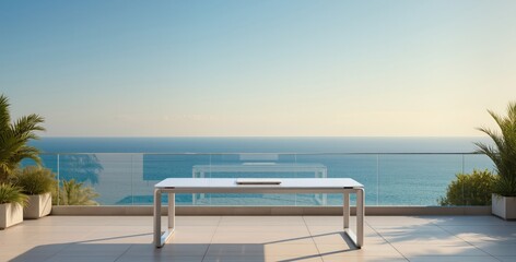 Fototapeta premium Laptop Terrace View Tropical Ocean Horizon Pastel Reflections