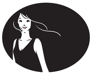 楕円ブラック背景、ロングヘア、黒いドレスの女性上半身