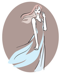 楕円くすみピンク背景、ロングヘア、ブルーのドレスの女性