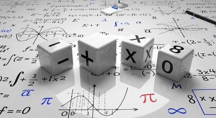 Cubes with arithmetic symbols on a background of complex mathematical formulas and graphs.