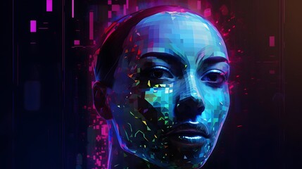 high-tech AI avatar in profile evolving into a digital entity with illuminated circuits and augmented reality features representing the future of artificial intelligportrait of a young woman in a mask