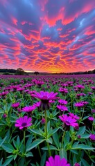 Obraz premium Vibrant phacelia field under a dramatic purple sunset sky, sunset, petals, landscape