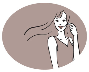 楕円くすみピンク背景、ロングヘア、ピンクのドレスの女性上半身