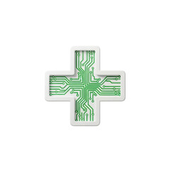 Obraz premium White cross with green circuit board pattern on black background icon 2025-2026 transparent isolated on white background png 4k full hd download