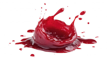 Red liquid splash with droplets on a black background shot