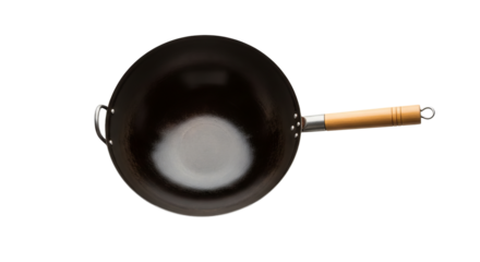 wok with wooden handle sits centered in the image against a isolated background.