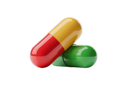 3d illustration icon of macro shot of colorful pills symbolizing healthcare and medication. Isolated on transparent background, png