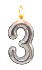 Metallic Number three Candle with Flame
