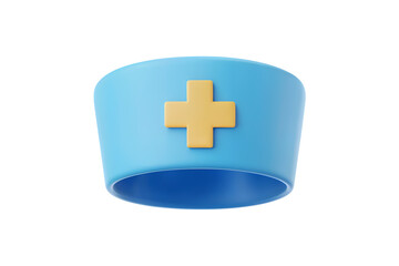 Fototapeta premium 3d illustration icon of blue nurse hat with golden cross symbol. Isolated on transparent background, png