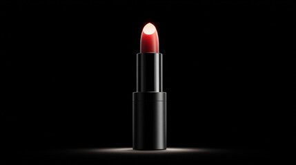 Striking lipstick with glossy red finish, elegantly displayed against dark background, highlighting its sleek design and vibrant color. lighting enhances its allure and sophistication