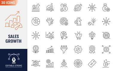 Sale Growth Line Editable Icons set.  Containing icons: profit, revenue, strategy, and more. Vector illustration