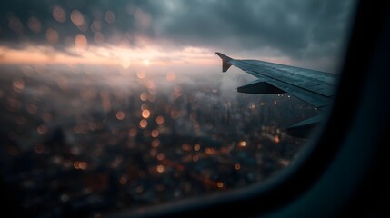 View of a city skyline from an airplane window at dusk with beautiful bokeh lights and dramatic clouds