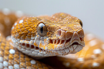 Detailed close-up image of a snake on a plain white background, perfect for educational materials and articles focusing on reptiles, showcasing the intricate patterns and textures of the snake's skin 