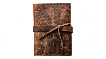 A brown leather journal with a tie on a black background