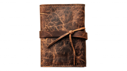 A brown leather journal with a tie on a black background