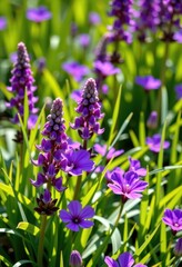 Vibrant purple wildflowers burst through lush green foliage in a sun-dappled meadow, flora, outdoors