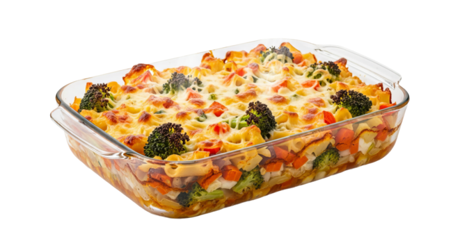 Vegetable lasagna sits in a clear glass baking dish with melted cheese and broccoli on top.