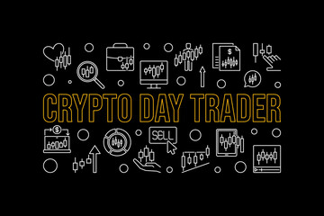 Crypto Day Trader vector Trading linear illustration or horizontal banner on dark background