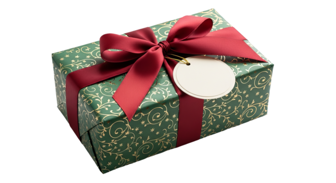 Wrapped gift is decorated with red ribbon and bow, plus a blank tag on a background.