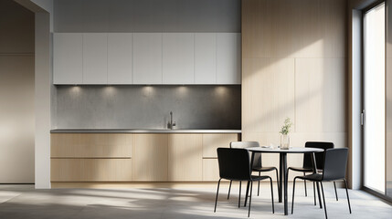 Modern Kitchen Interior Mockup. Contemporary kitchen interior with minimalist furniture, natural light and clean design, perfect mockup background for branding, posters or presentations