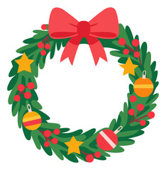 Christmas wreath illustration. Big green wreath with red bow