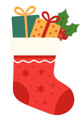 Christmas stockings illustration. Red stocking with gifts