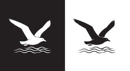 Minimalist Seagull Silhouette Vector Logo Flying Over Ocean Waves in Black and White